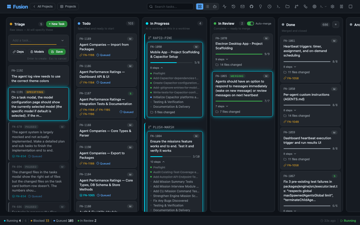 Fusion dashboard: Triage, Todo, In Progress, In Review, Done kanban columns with active task cards