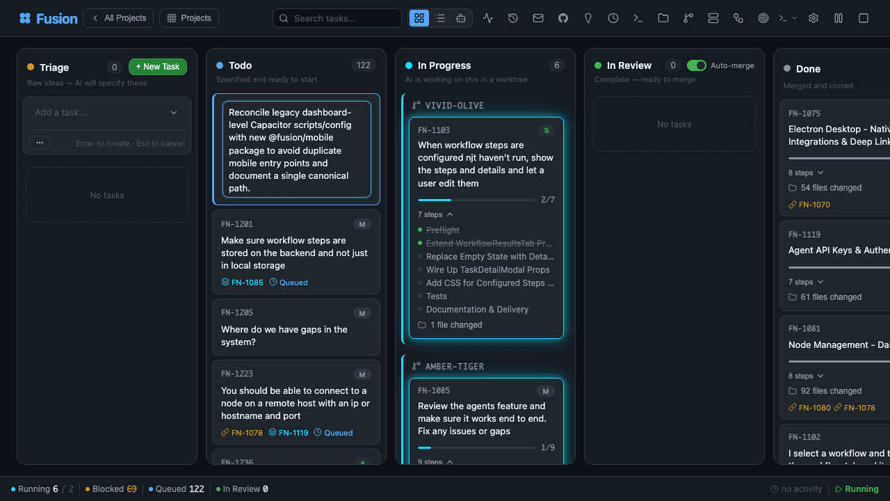 Fusion task detail: workflow steps visible on an in-progress task with diffs and file changes